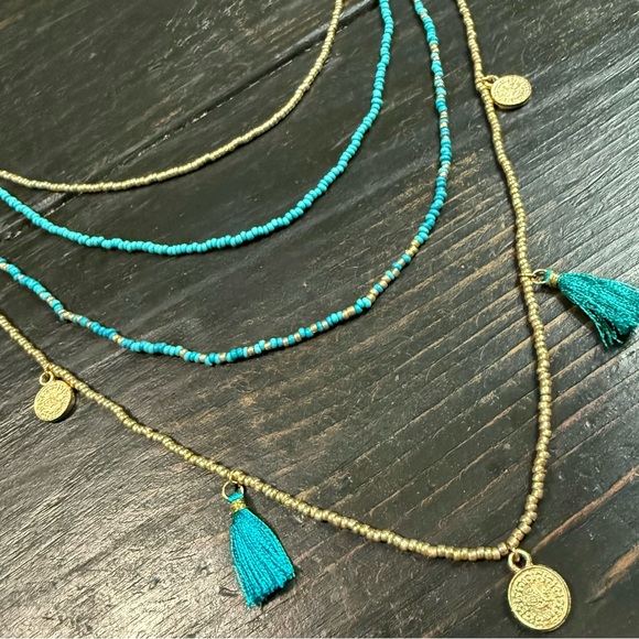 Anna & Ava Gold Tone Multi Layer Turquoise Gold Beaded Necklace w/ Charms NWT - Picture 2 of 7